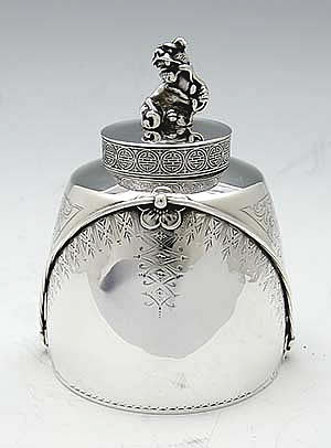 Gorham antique sterling silver tea caddy with foo dog engraved detail